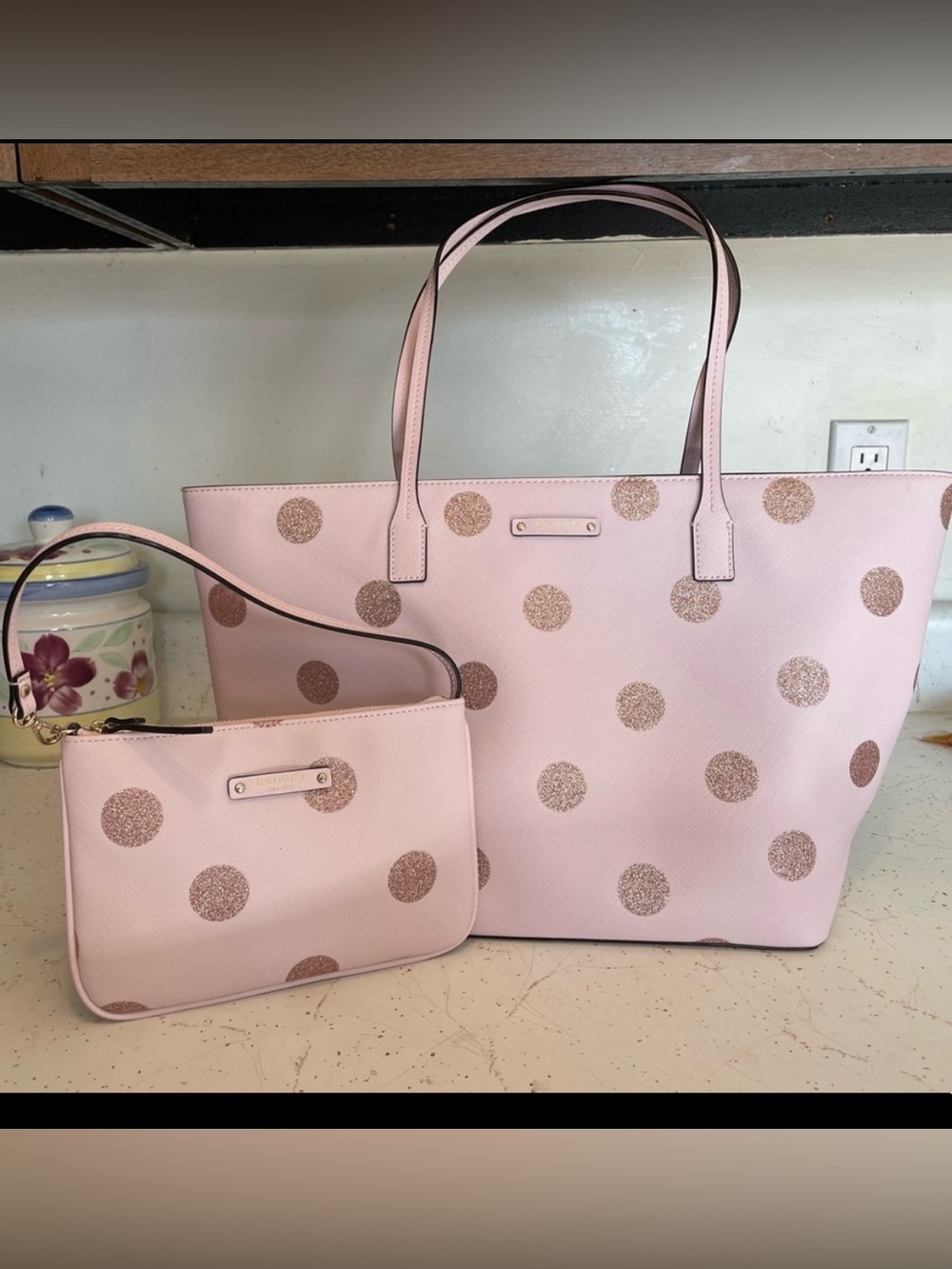 Kate Spade Small Harmony Pink Polka tote and wristlet